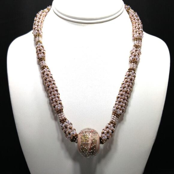 Artisan Woven Glass Beaded Necklace, Opalescent Pink Gold Glass Beads, 20 Inches - Picture 5 of 12